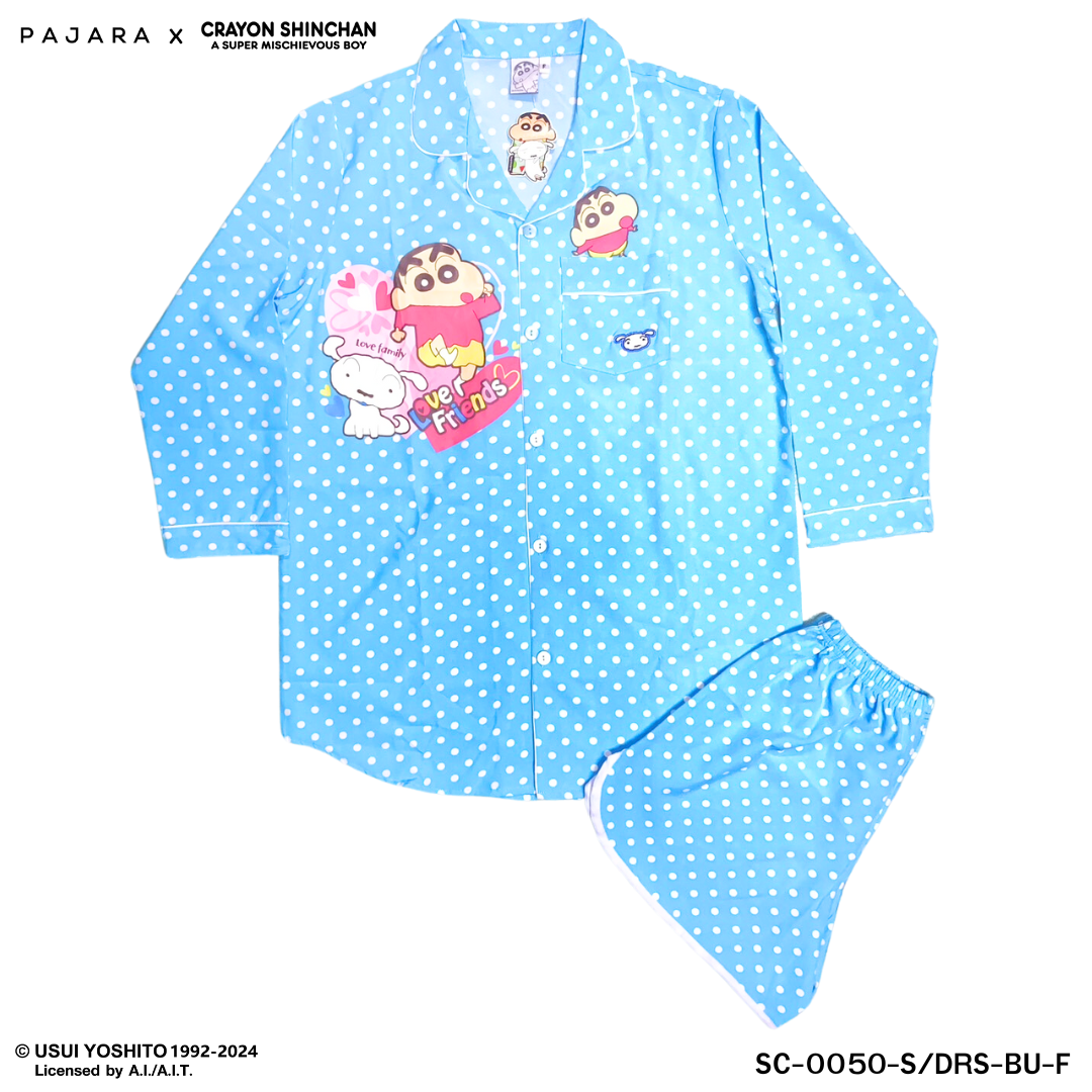 ชุดนอน PAJARA PAJAMAS (Lite) รหัส SC-0050 ลายชินจังจุด (ชุดแซกกระโปรงแขนยาว-ขาสั้น สีฟ้า ฟรีไซส์)