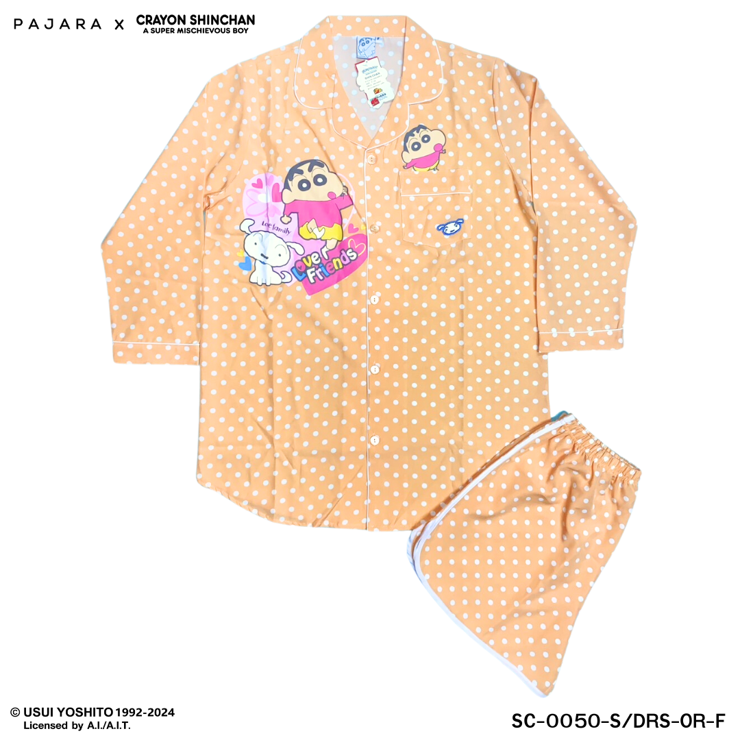 ชุดนอน PAJARA PAJAMAS (Lite) รหัส SC-0050 ลายชินจังจุด (ชุดแซกกระโปรงแขนยาว-ขาสั้น สีส้ม ฟรีไซส์)
