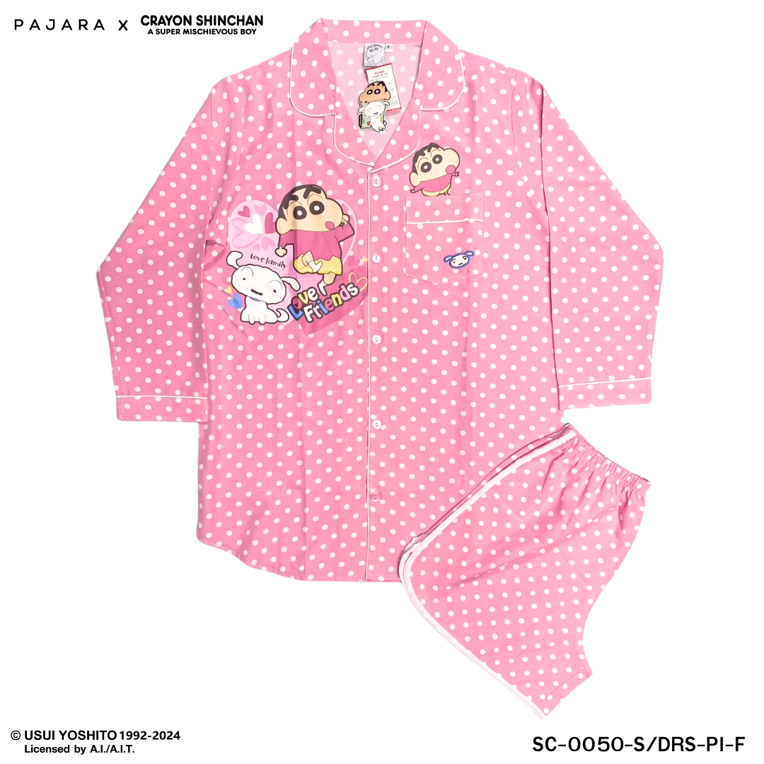 ชุดนอน PAJARA PAJAMAS (Lite) รหัส SC-0050 ลายชินจังจุด (ชุดแซกกระโปรงแขนยาว-ขาสั้น สีชมพู ฟรีไซส์)