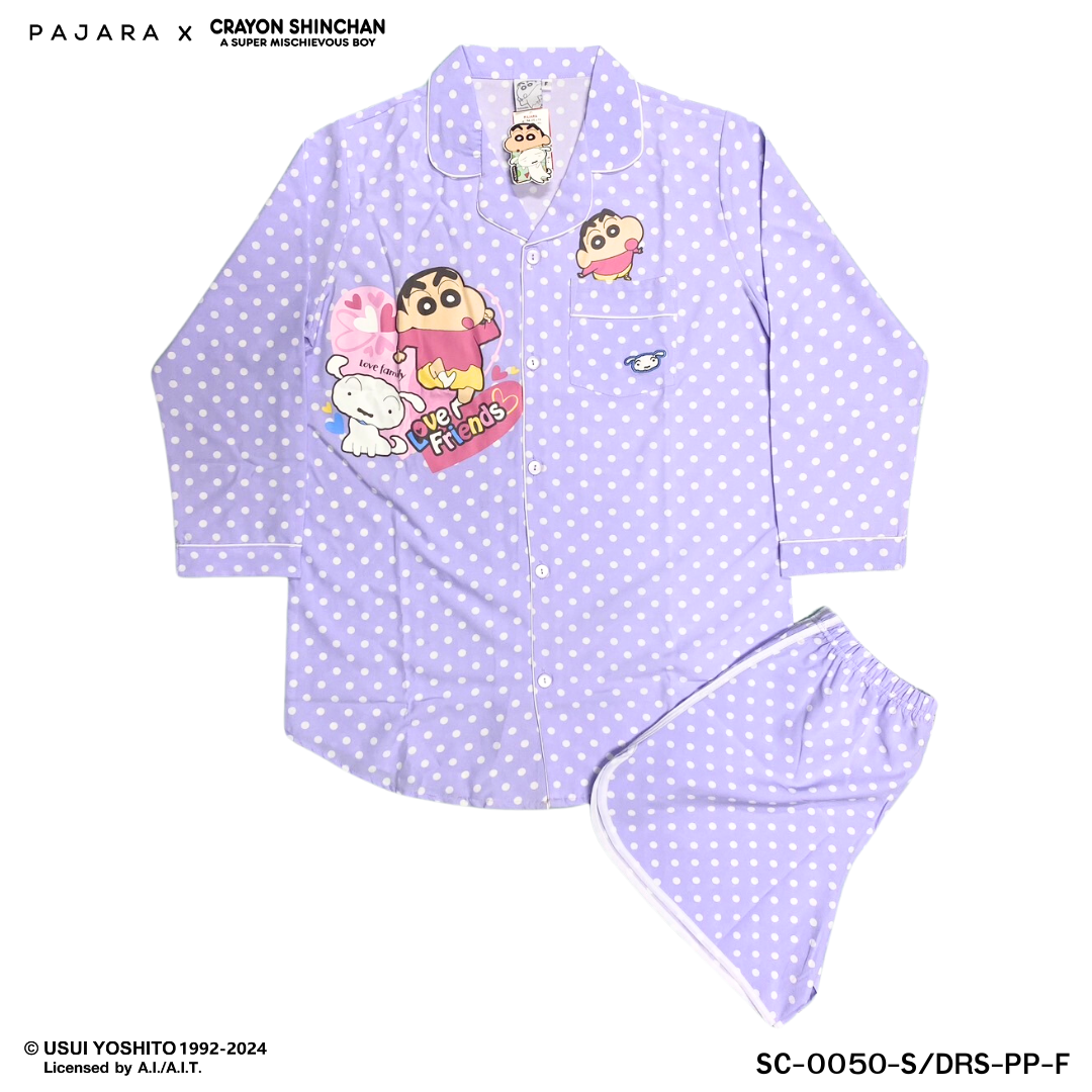 ชุดนอน PAJARA PAJAMAS (Lite) รหัส SC-0050 ลายชินจังจุด (ชุดแซกกระโปรงแขนยาว-ขาสั้น สีม่วง ฟรีไซส์)