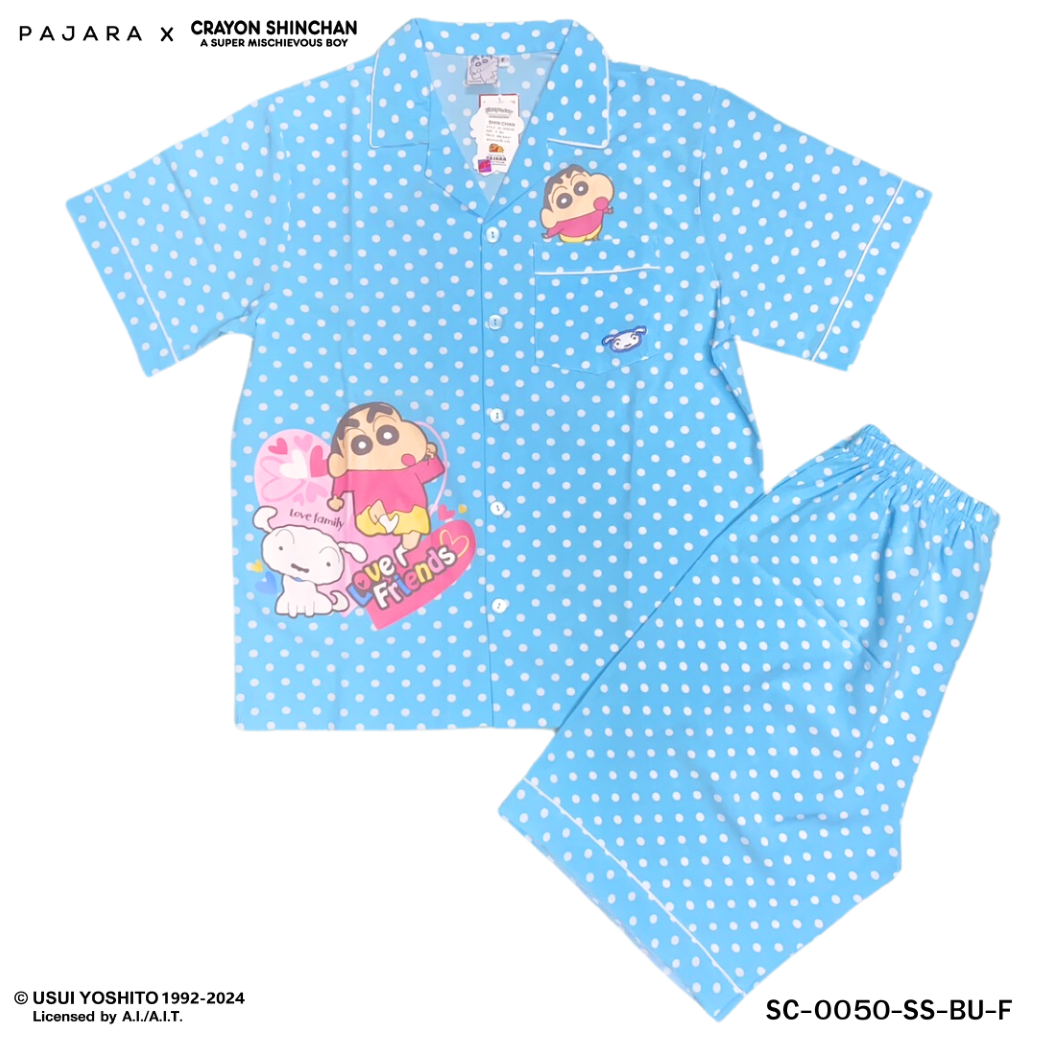 ชุดนอน PAJARA PAJAMAS (Lite) รหัส SC-0050 ลายชินจังจุด (แขนสั้น ขาสั้น สีฟ้า ฟรีไซส์)