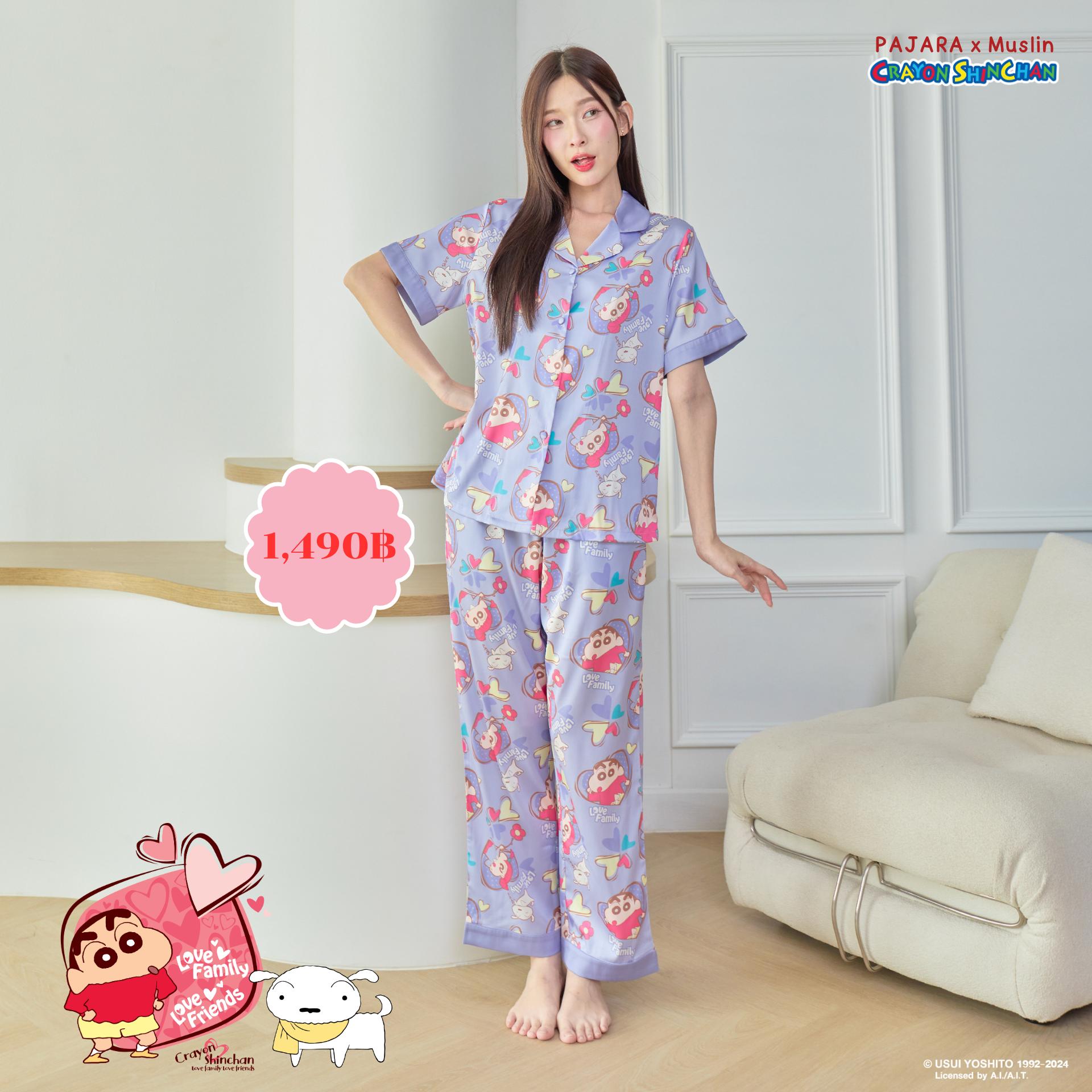 ชุดนอน PAJARA PAJAMAS (Premium) รหัส ST4082 ลายชินจัง X MUSLIN (เสื้อแขนสั้น ขายาว สีม่วง ไซส์ L)