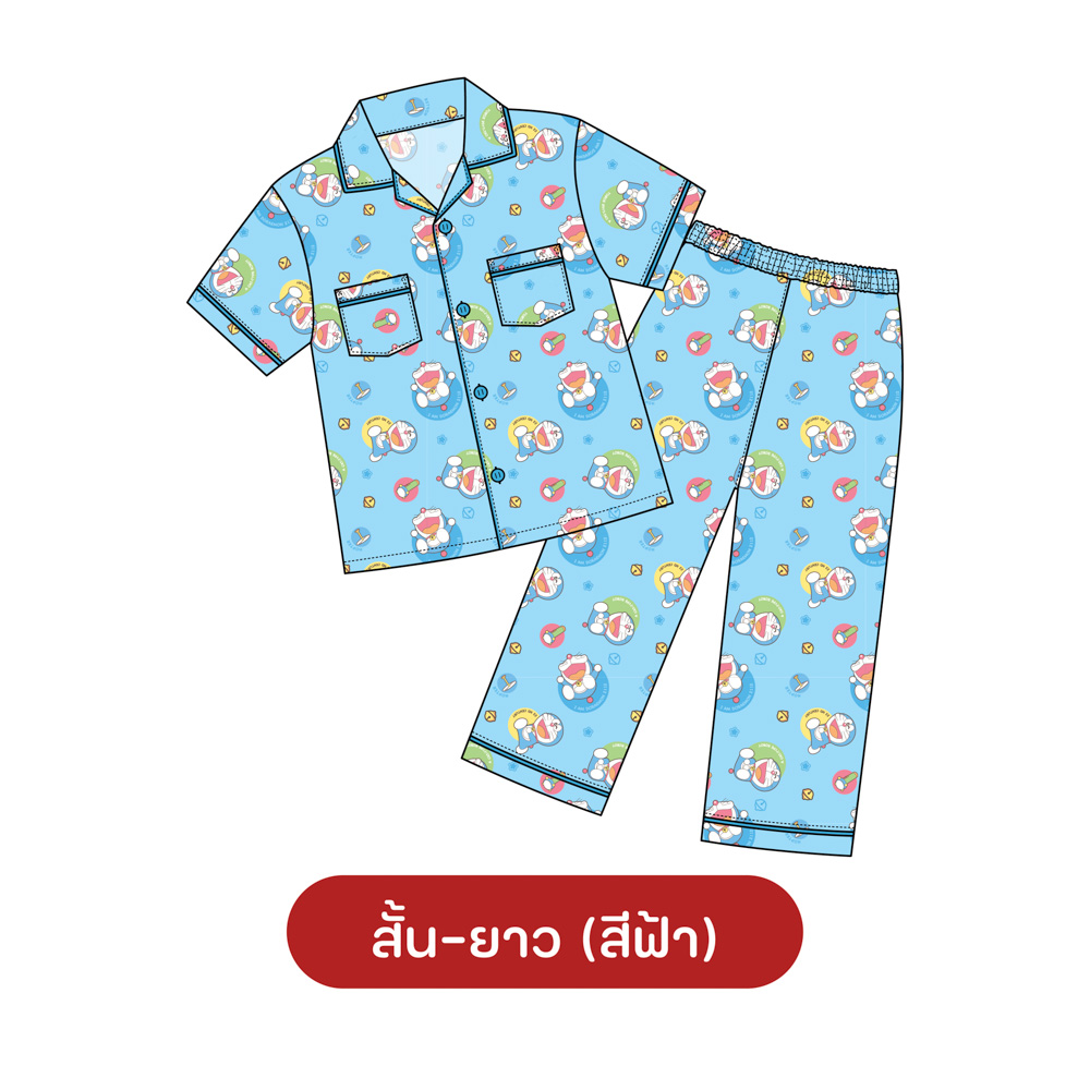 ชุดนอน PAJARA PAJAMAS (Premium) รหัส DRM-0163 ลายรวมโดราเอม่อน (เสื้อแขนสั้น ขายาว สีฟ้า ฟรีไซส์)
