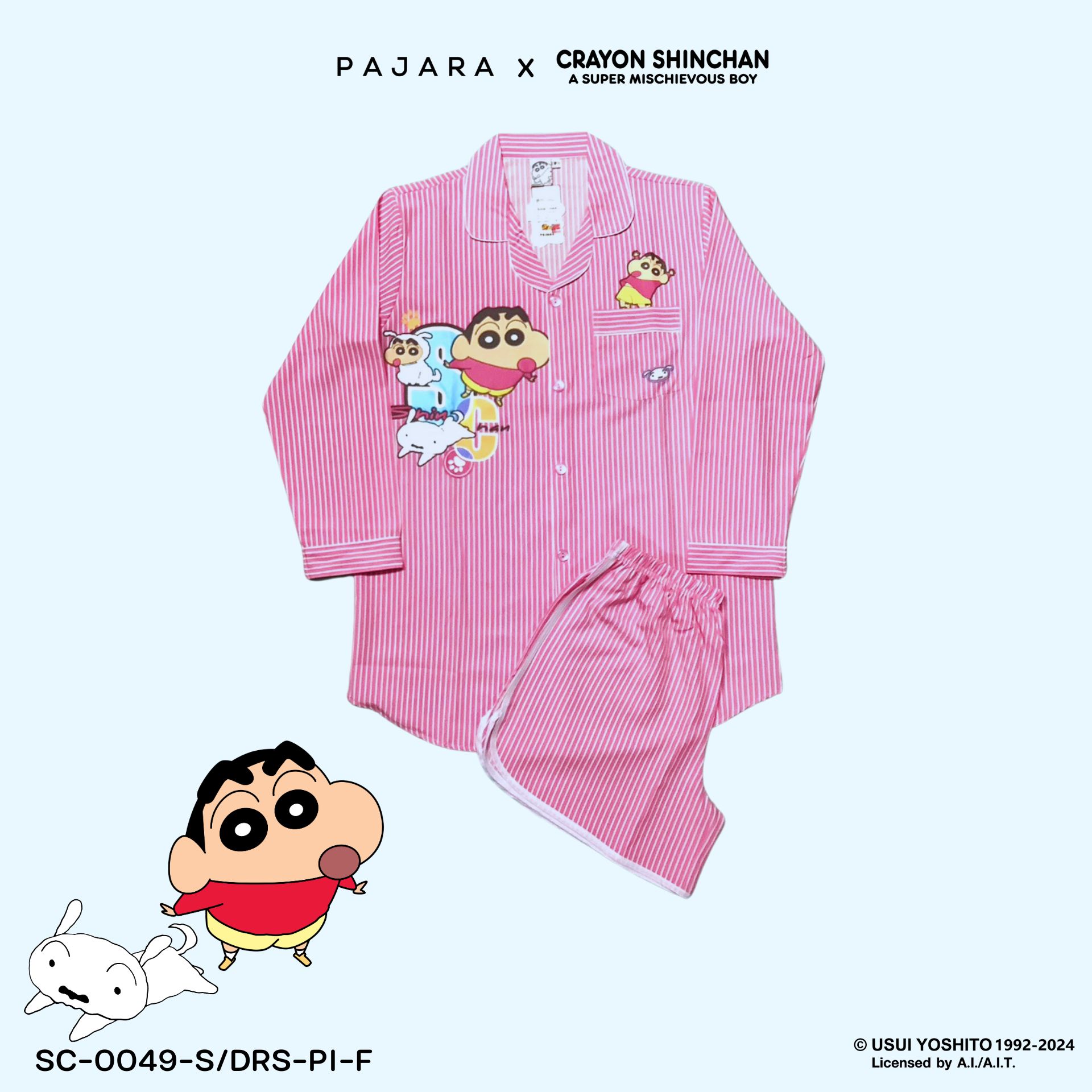 ชุดนอน PAJARA PAJAMAS (Lite) รหัส SC-0049 ลายชินจังริ้ว (ชุดแซกกระโปรงแขนยาว ขาสั้น สีชมพู ฟรีไซส์)