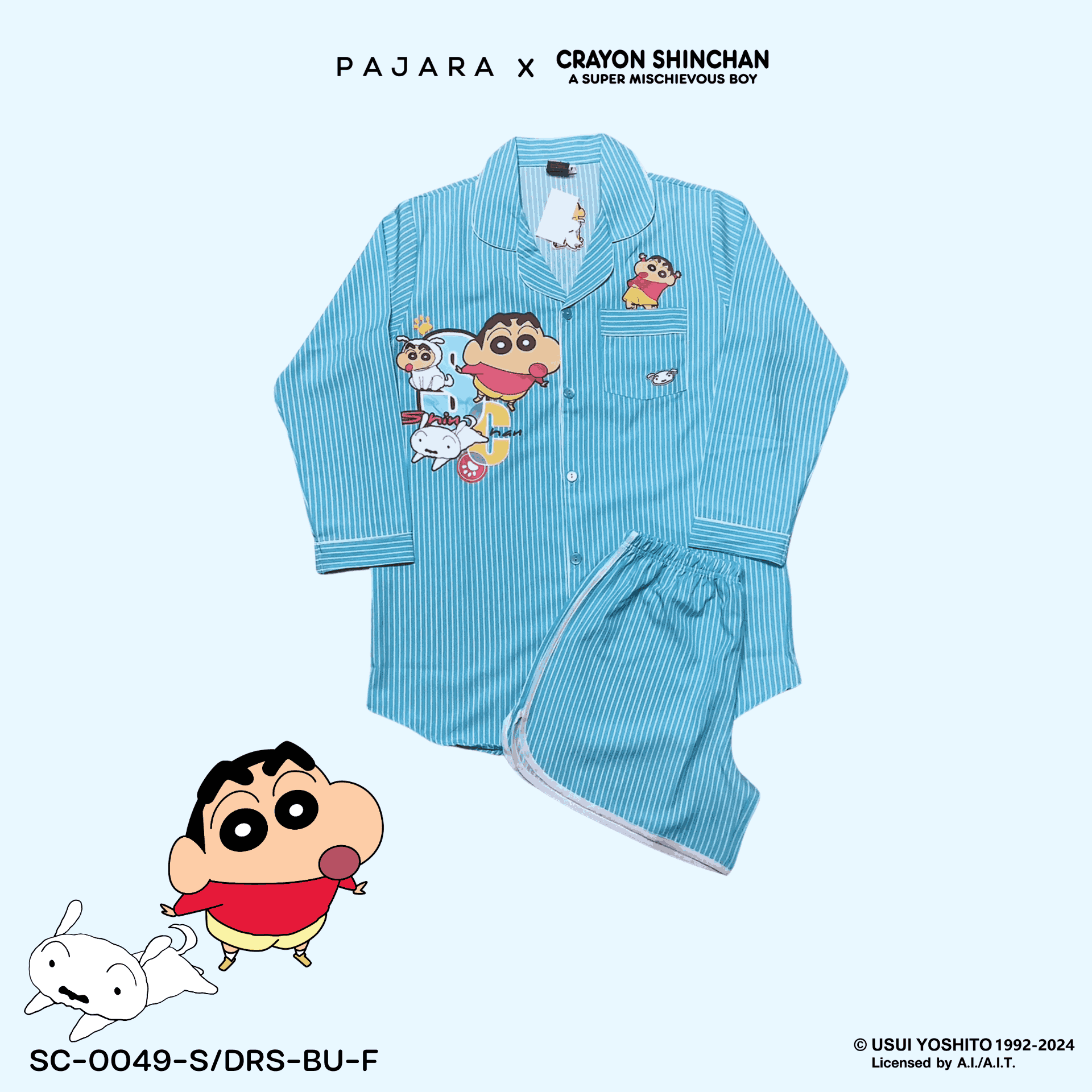 ชุดนอน PAJARA PAJAMAS (Lite) รหัส SC-0049 ลายชินจังริ้ว (ชุดแซกกระโปรงแขนยาว ขาสั้น สีฟ้า ฟรีไซส์)