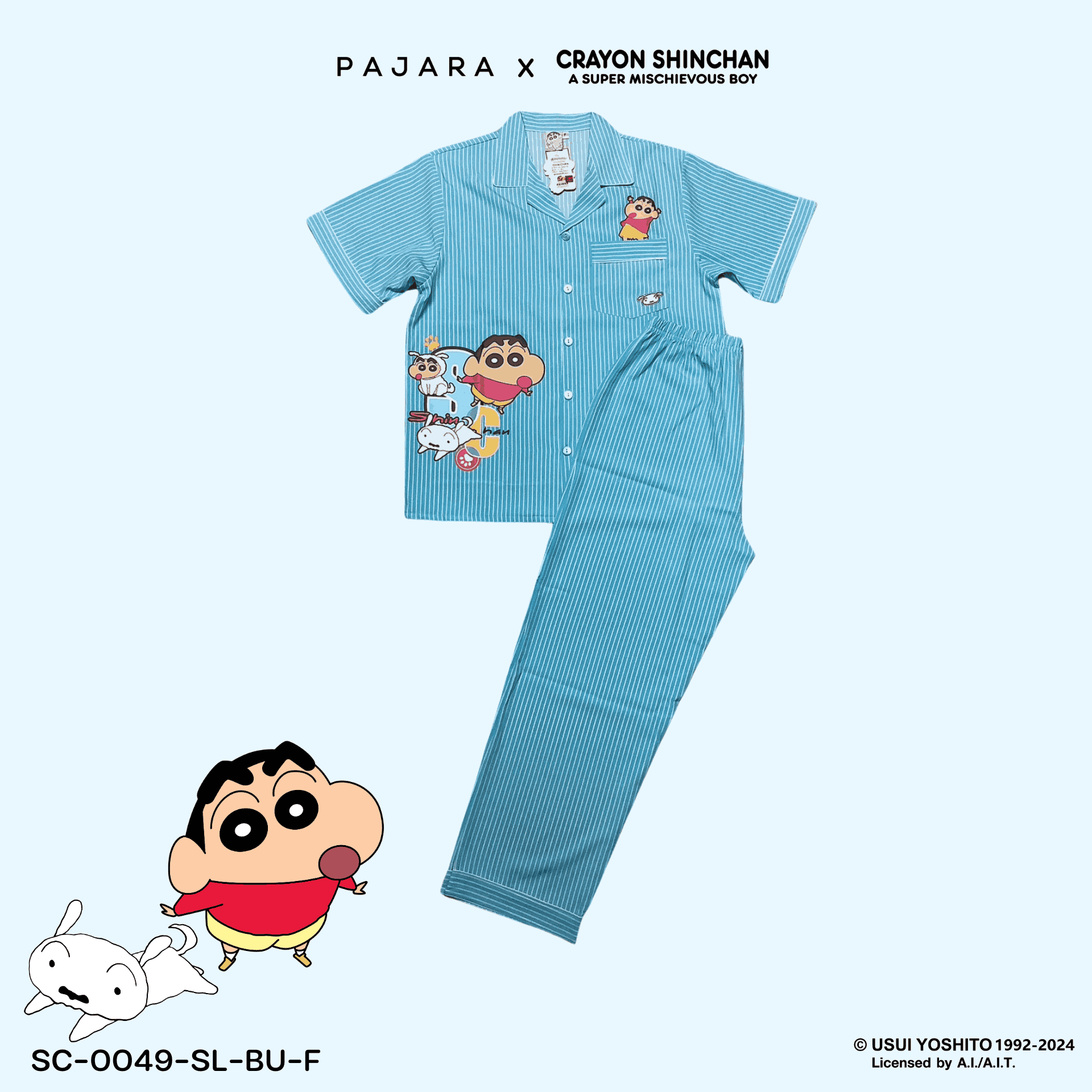 ชุดนอน PAJARA PAJAMAS (Lite) รหัส SC-0049 ลายชินจังริ้ว (เสื้อแขนสั้น ขายาว สีฟ้า ฟรีไซส์)