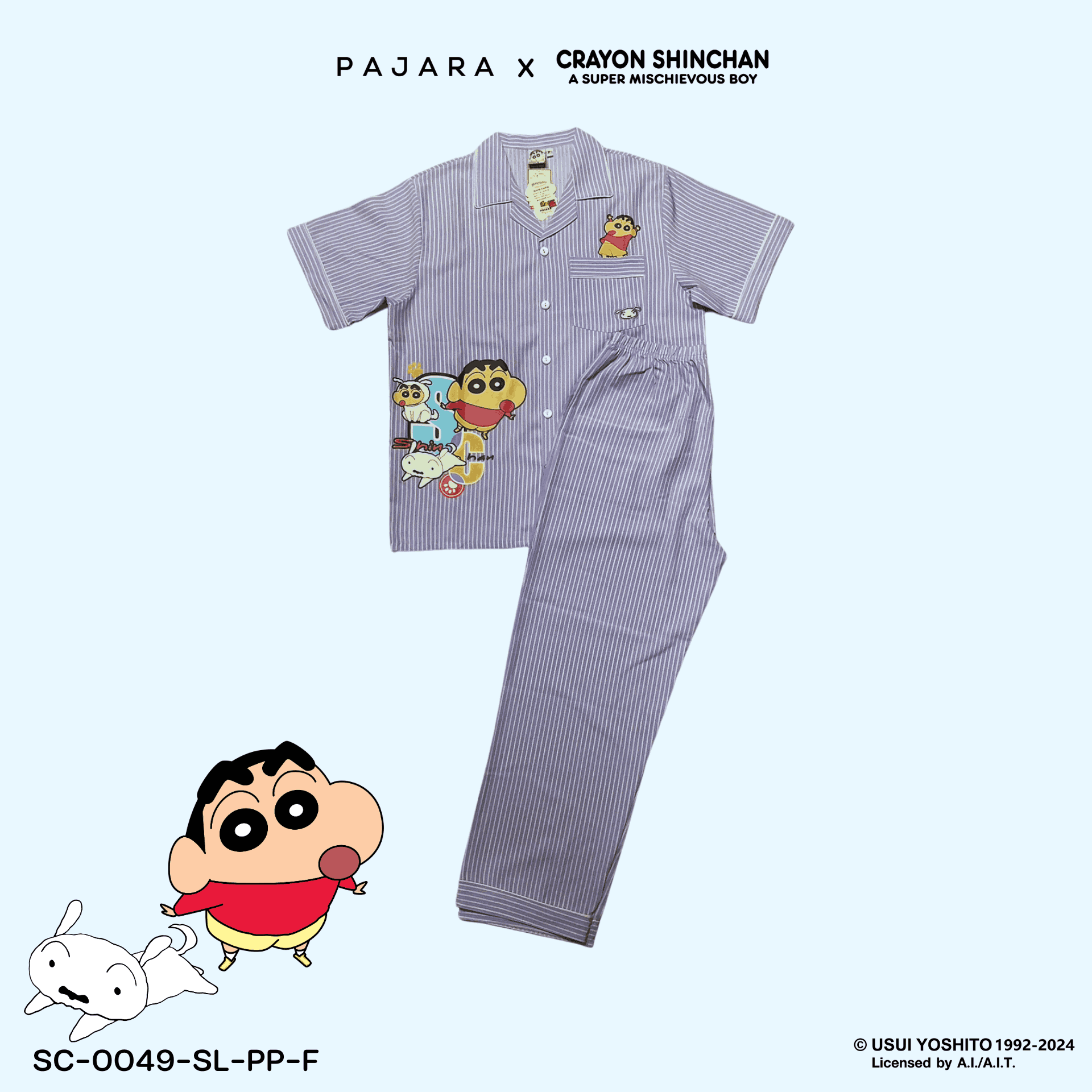 ชุดนอน PAJARA PAJAMAS (Lite) รหัส SC-0049 ลายชินจังริ้ว (เสื้อแขนสั้น ขายาว สีม่วง ฟรีไซส์)