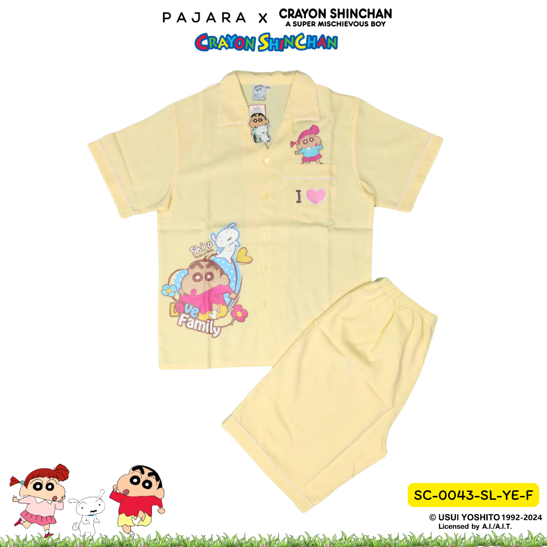 ชุดนอน PAJARA PAJAMAS (Lite) รหัส SC-0043 ลายชินจัง เนเน่ (เสื้อแขนสั้น ขาสั้น สีเหลือง ฟรีไซส์)
