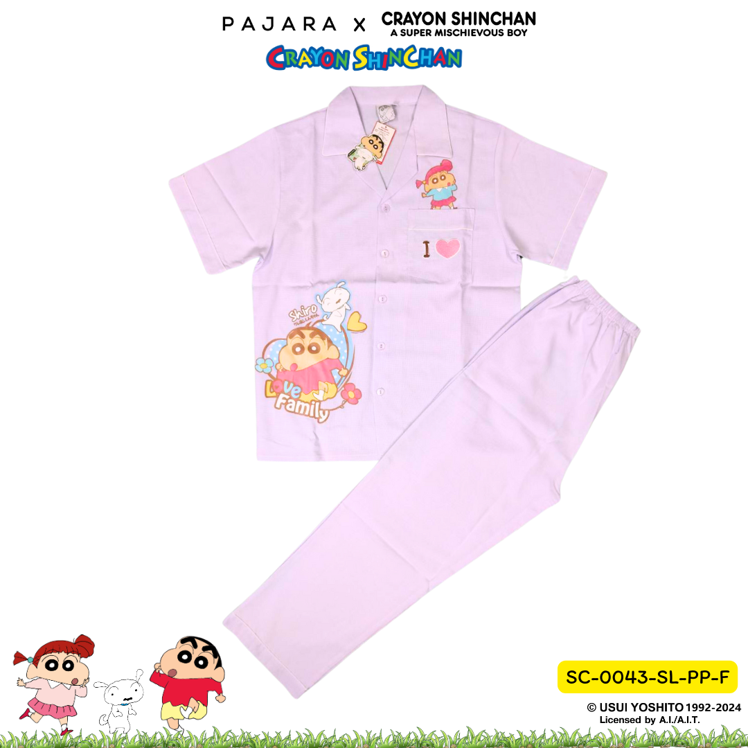 ชุดนอน PAJARA PAJAMAS (Lite) รหัส SC-0043 ลายชินจัง เนเน่ (เสื้อแขนสั้น ขายาว สีม่วง ฟรีไซส์)