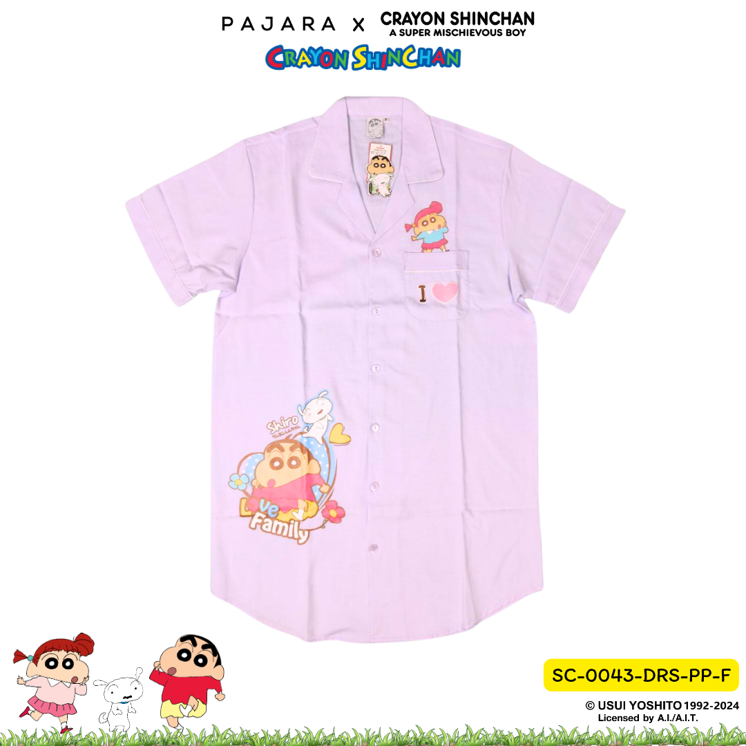 ชุดนอน PAJARA PAJAMAS (Lite) รหัส SC-0043 ลายชินจัง เนเน่ (ชุดแซกกระโปรง สีม่วง ฟรีไซส์)