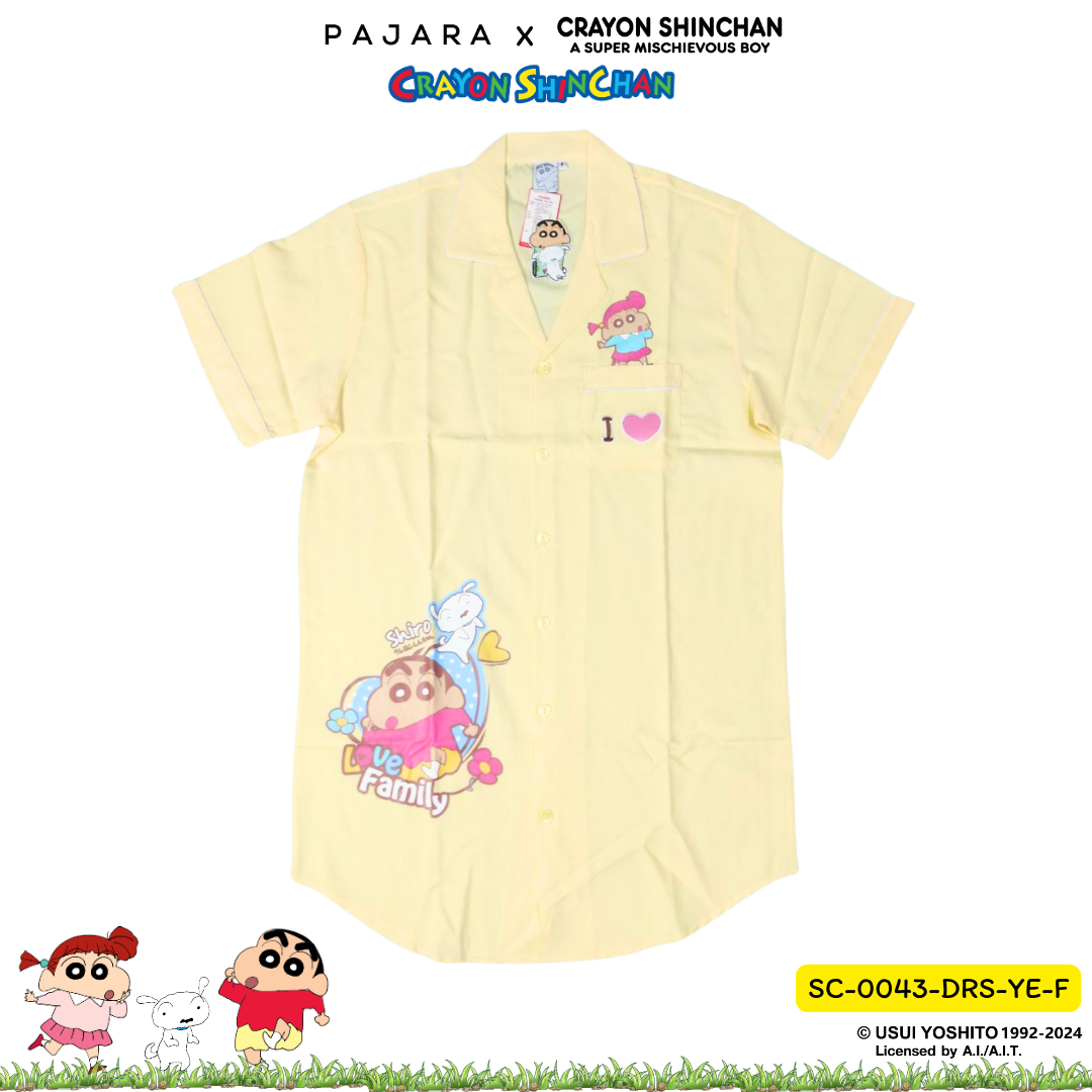 ชุดนอน PAJARA PAJAMAS (Lite) รหัส SC-0043 ลายชินจัง เนเน่ (ชุดแซกกระโปรง สีเหลือง ฟรีไซส์)