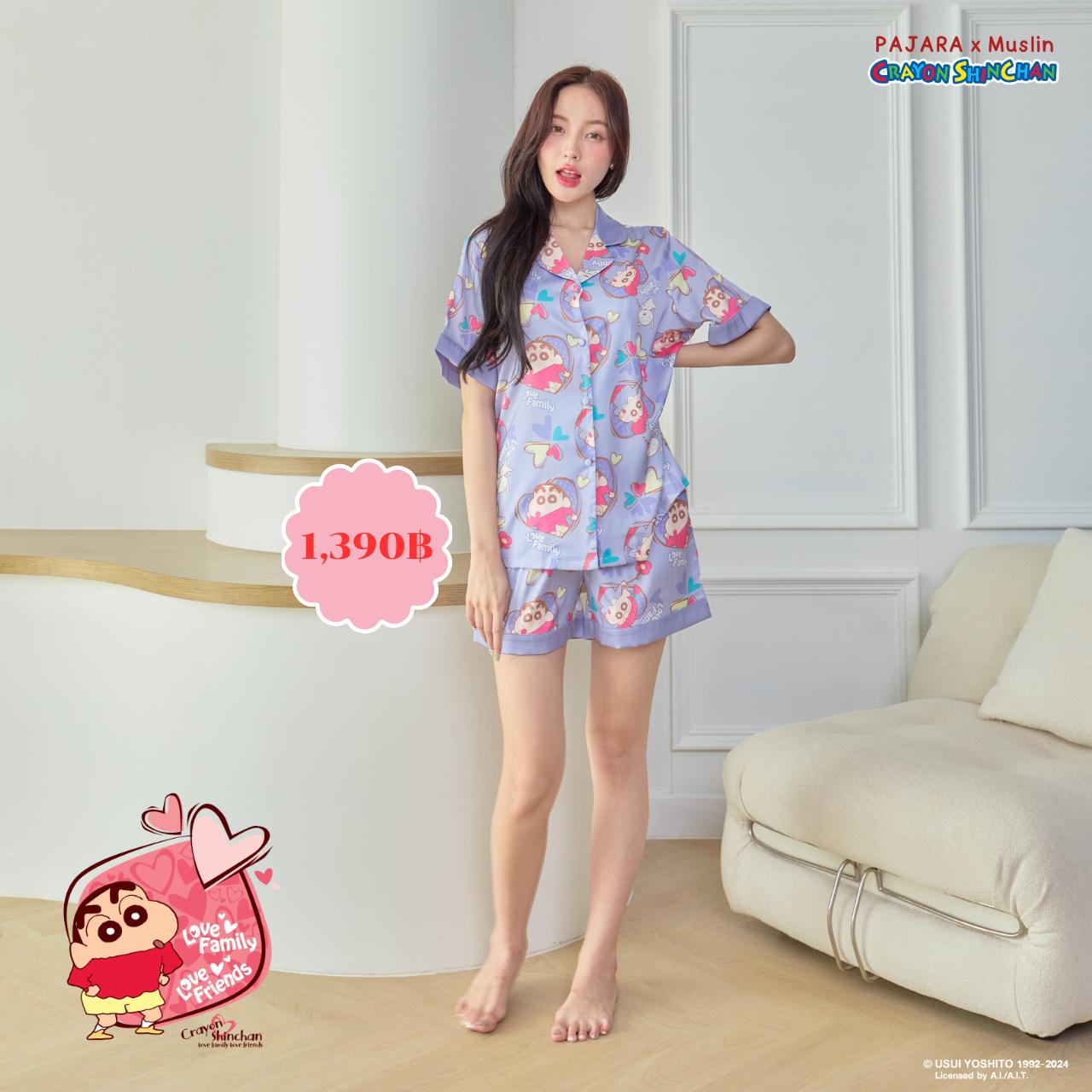 ชุดนอน PAJARA PAJAMAS (Premium) รหัส SN4082 Crayon ShinChan x Muslin ลายหัวใจ (ชินจัง & เนเน่) (เสื้อแขนสั้น ขาสั้น สีม่วง ไซส์ M)
