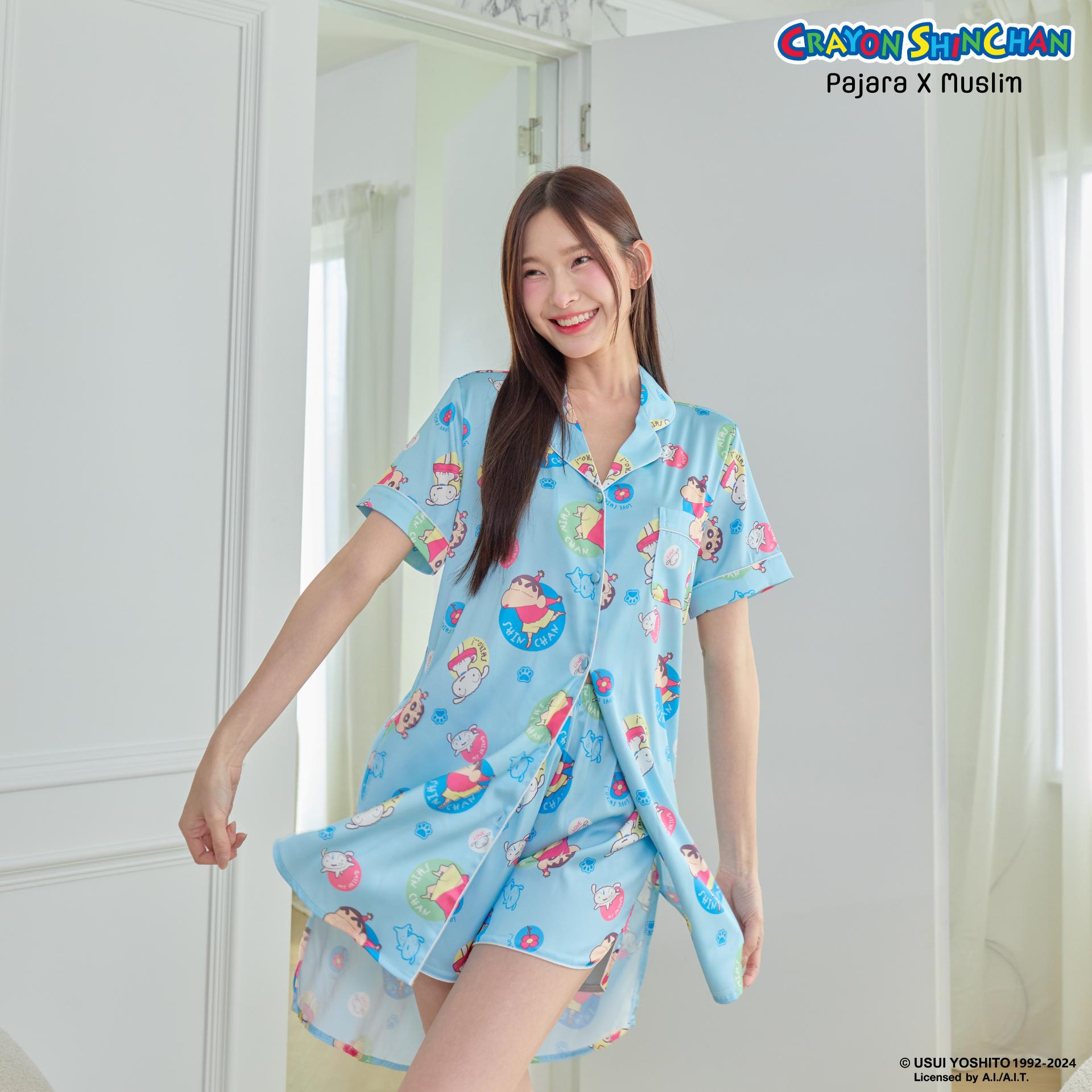 ชุดนอน PAJARA PAJAMAS (Premium) รหัส SK4078 Crayon ShinChan x Muslin ลายหัวใจ (ชินจัง & เนเน่) (ชุดแซกกระโปรง ขาสั้น สีฟ้า ไซส์ 2XL)