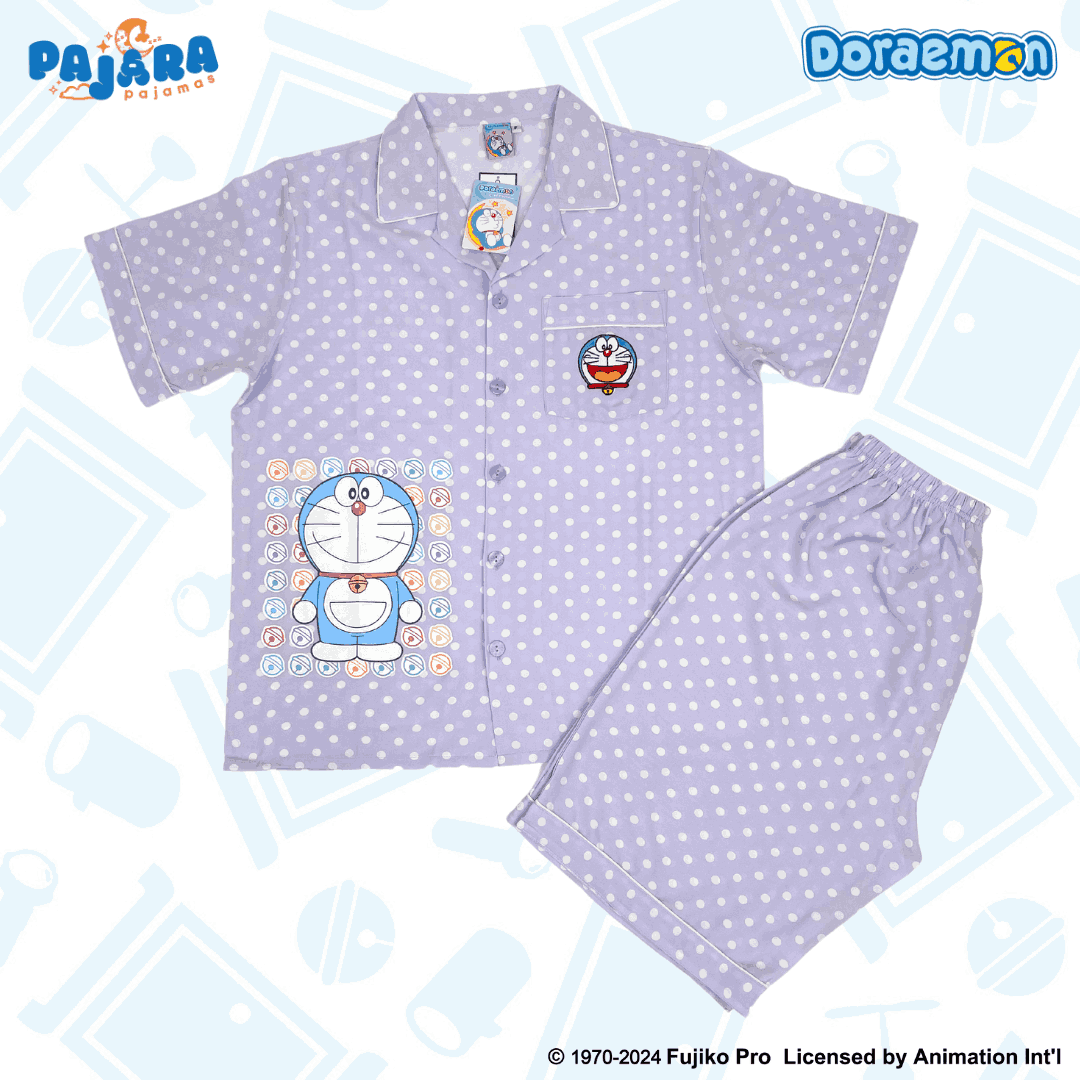 ชุดนอน PAJARA PAJAMAS (Lite) รหัส DRM-0225 ลาย โดราเอม่อนจุด (แขนสั้น-ขาสั้น สีม่วง ฟรีไซส์)