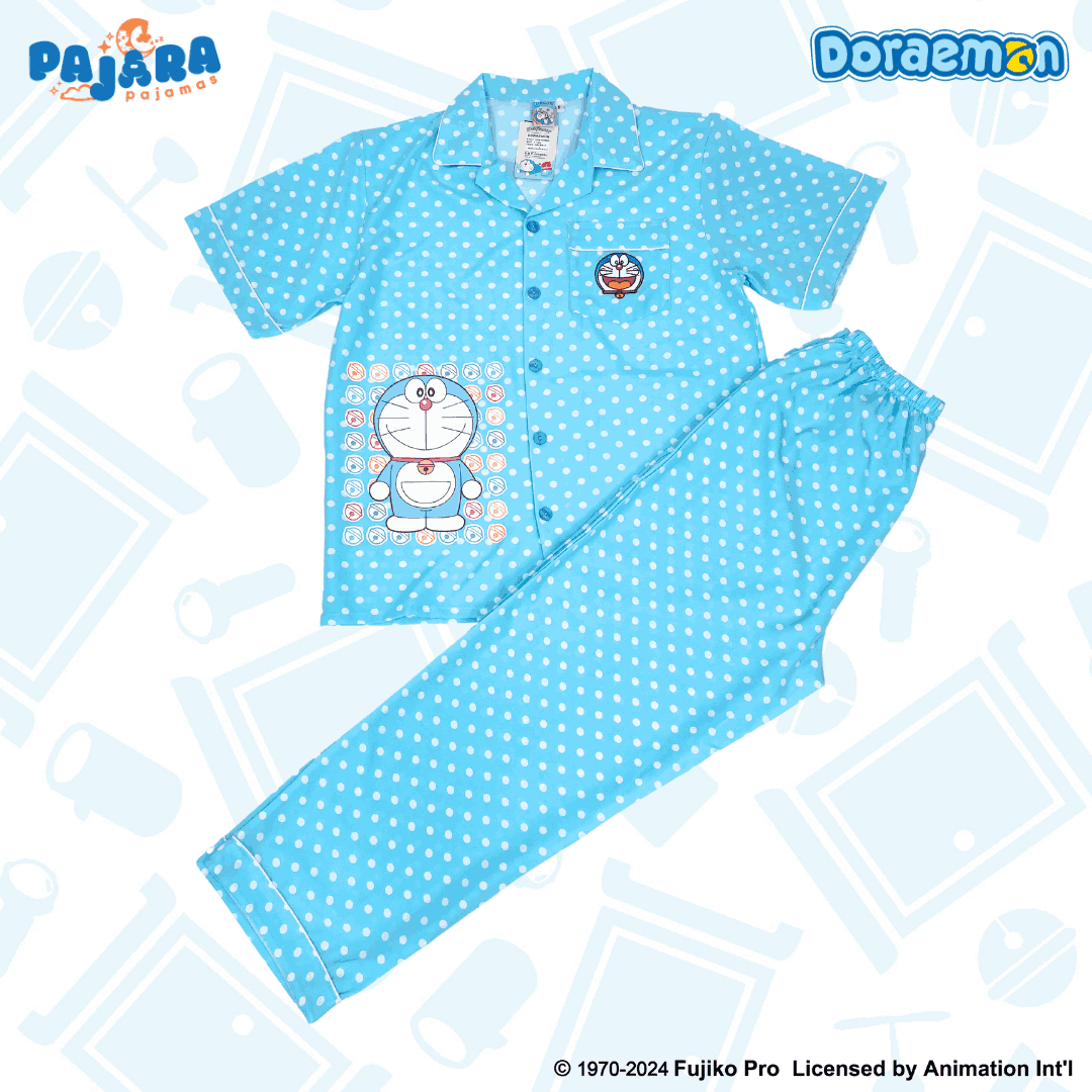 ชุดนอน PAJARA PAJAMAS (Lite) รหัส DRM-0225 ลาย โดราเอม่อนจุด (แขนสั้น-ขายาว สีฟ้า ฟรีไซส์)