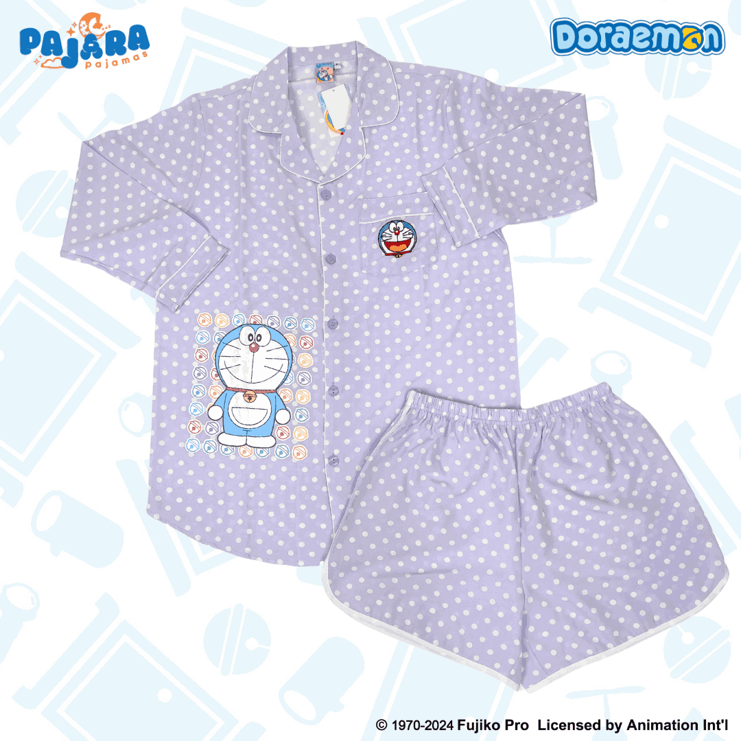 ชุดนอน PAJARA PAJAMAS (Lite) รหัส DRM-0225 ลาย โดราเอม่อนจุด (ชุดแซกกระโปรงแขนยาว-ขาสั้น สีม่วง ฟรีไซส์)