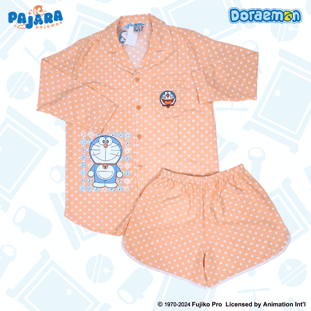 ชุดนอน PAJARA PAJAMAS (Lite) รหัส DRM-0225 ลาย โดราเอม่อนจุด (ชุดแซกกระโปรงแขนยาว-ขาสั้น สีส้ม ฟรีไซส์)