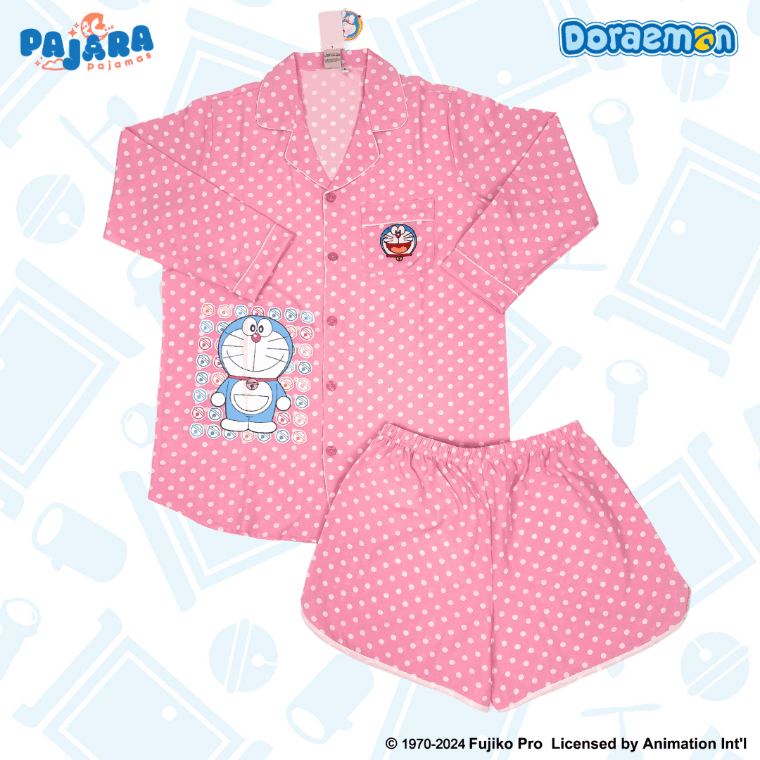 ชุดนอน PAJARA PAJAMAS (Lite) รหัส DRM-0225 ลาย โดราเอม่อนจุด (ชุดแซกกระโปรงแขนยาว-ขาสั้น สีชมพู ฟรีไซส์)