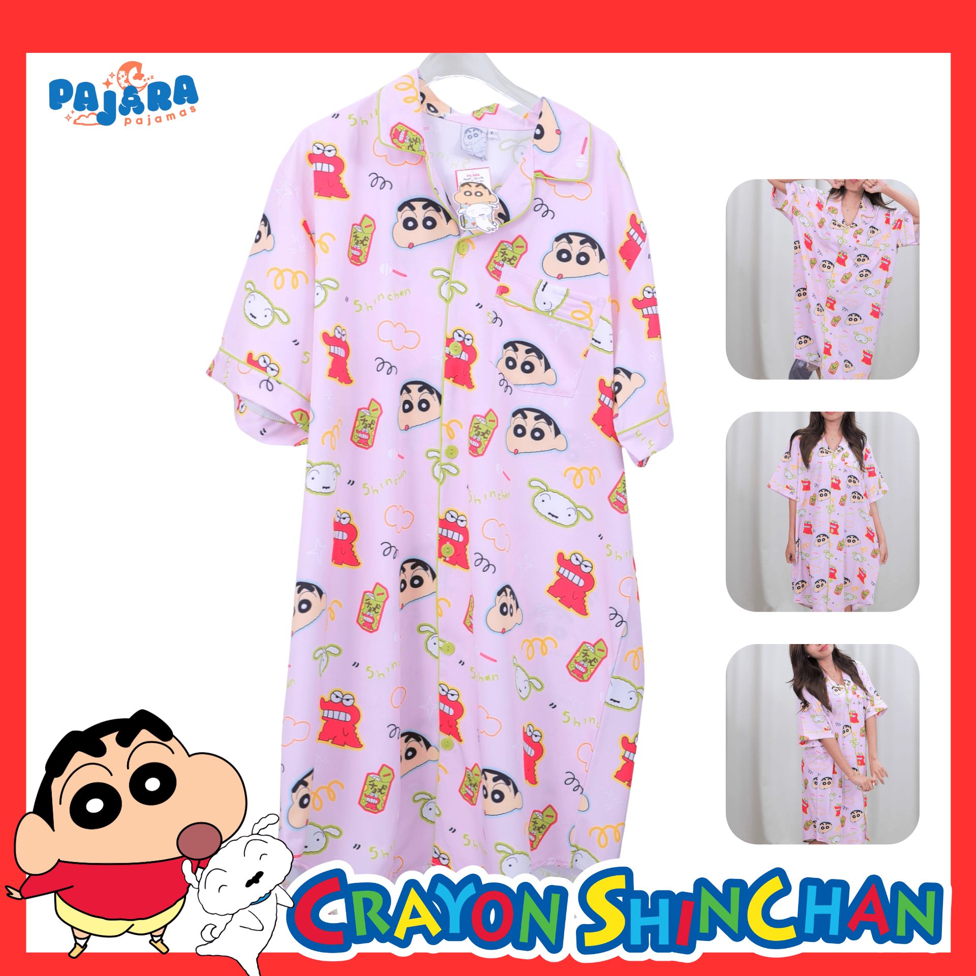 ชุดนอน PAJARA PAJAMAS (Lite) รหัส SC-009 ลายชินจัง ChocoBi (ชุดแซกกระโปรง สีชมพู ฟรีไซส์)