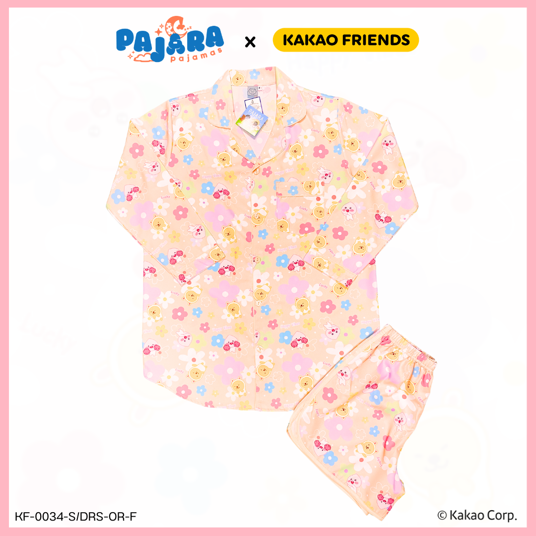 ชุดนอน PAJARA PAJAMAS (Lite) รหัส KF-0034 ลาย Kakao MUZI & APEACH (ชุดแซกกระโปรงแขนยาว-ขาสั้น สีส้ม ฟรีไซส์)