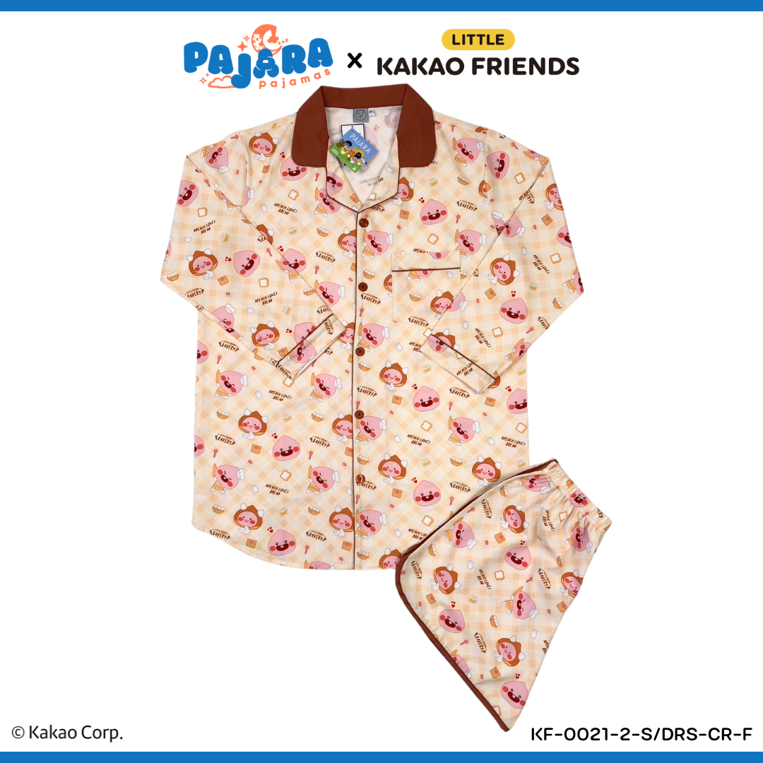 ชุดนอน PAJARA PAJAMAS (Lite) KF-0212-2 ลาย Kakao เอพีช คอปกน้ำตาล (ชุดแซกกระโปรงแขนยาว-ขาสั้น สีครีม ฟรีไซส์)