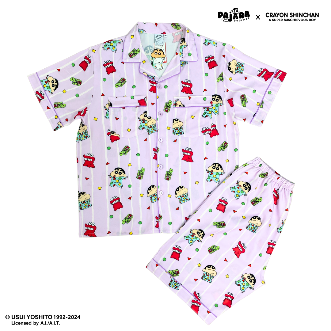 ชุดนอน PAJARA PAJAMAS (Lite) รหัส SC-THU-013 ลายชินจัง (เสื้อแขนสั้น-ขาสั้น สีม่วง🟪ฟรีไซส์)