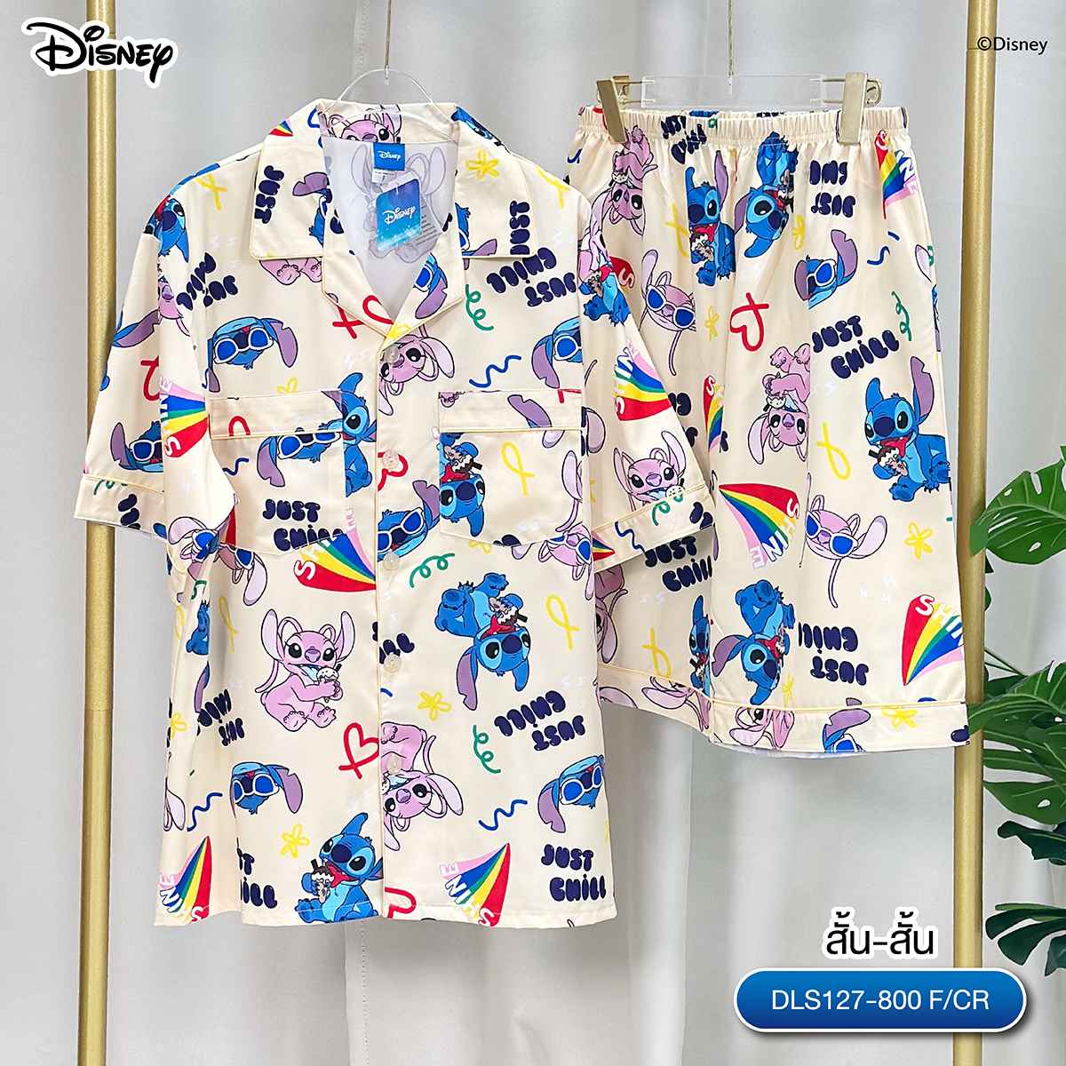 (Lite) ชุดนอน  Disney Lilo & Stitch DLS-127 ลายสติทช์ (แขนสั้น-ขาสั้น)สีครีม