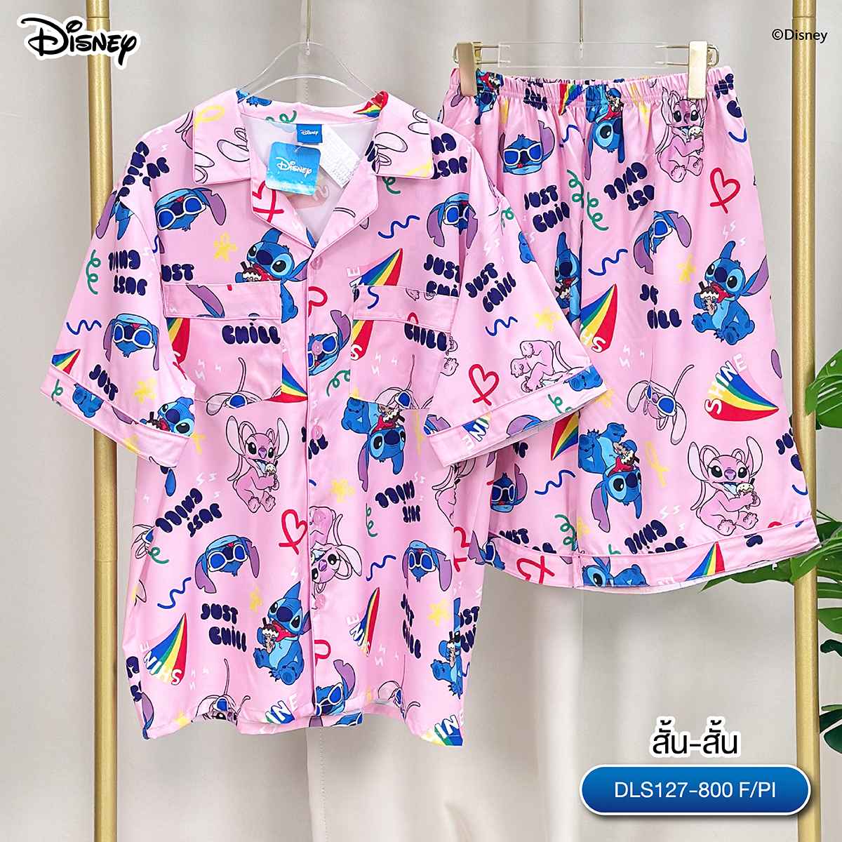 (Lite) ชุดนอน  Disney Lilo & Stitch DLS-127 ลายสติทช์ (แขนสั้น-ขาสั้น)สีชมพู