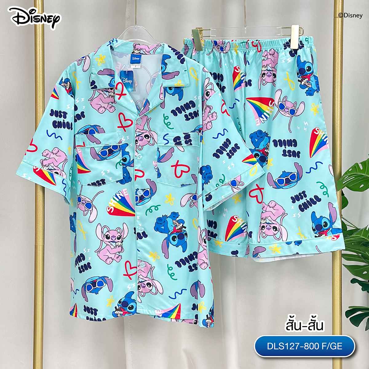 (Lite) ชุดนอน  Disney Lilo & Stitch DLS-127 ลายสติทช์ (แขนสั้น-ขาสั้น)สีเขียว