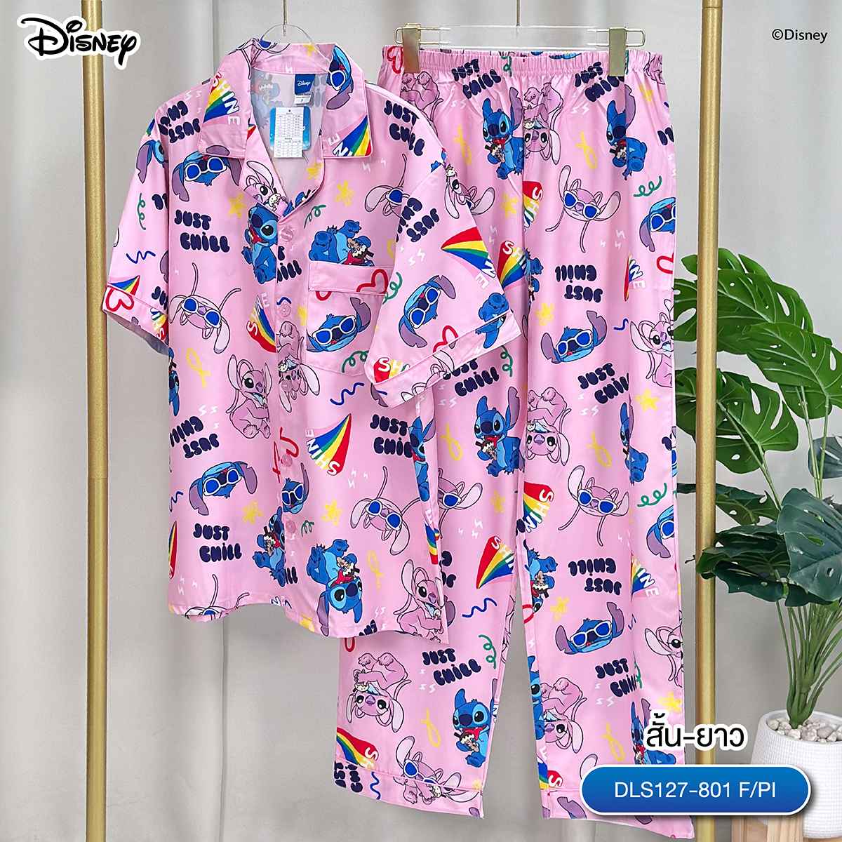 (Lite) ชุดนอน  Disney Lilo & Stitch DLS-127 ลายสติทช์ (แขนสั้น-ขายาว)สีชมพู