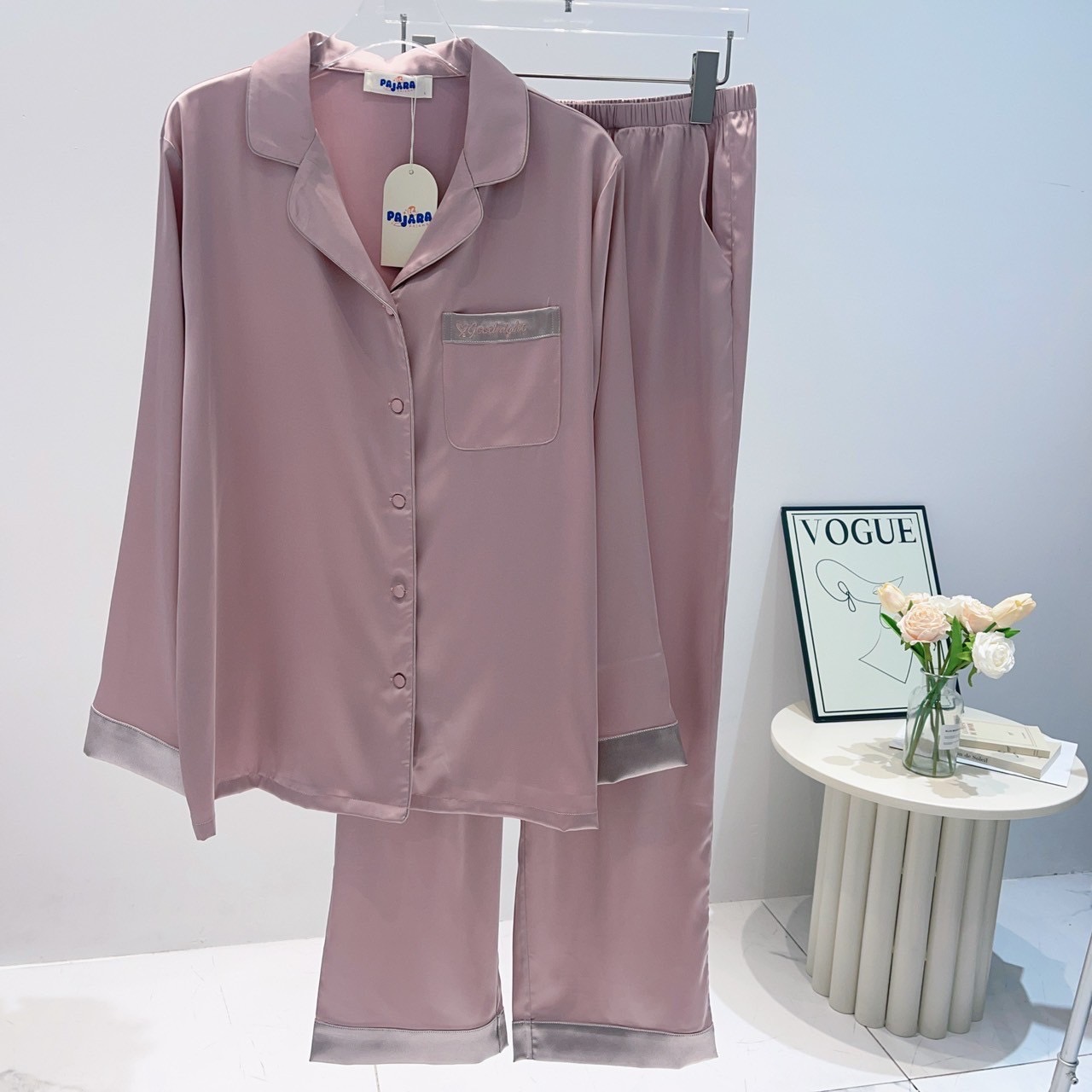 ชุดนอน PAJARA PAJAMAS (Premium) รหัส PJRCH-SL-1023 อกปักลายหัวใจ แขนยาว-ขายาว สีชมพู