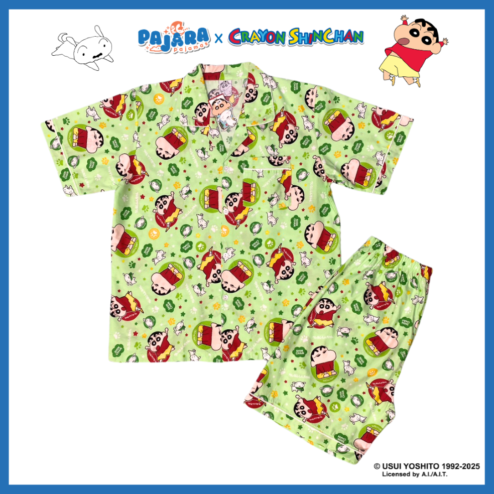 ชุดนอน PAJARA PAJAMAS (Lite) รหัส SC-0082 ลายชินจัง ผ้าCotton (แขนสั้น-ขาสั้น สีเขียว ฟรีไซส์)