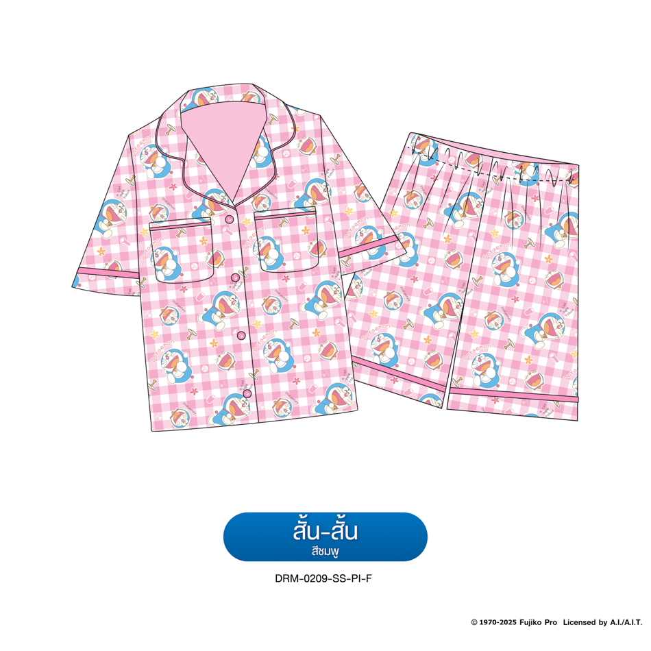 ชุดนอน PAJARA PAJAMAS (Lite) รหัส DRM-0209 ลาย โดราเอม่อน 🚁(แขนสั้น-ขาสั้น สีชมพู ฟรีไซส์)