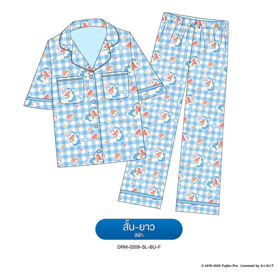 ชุดนอน PAJARA PAJAMAS (Lite) รหัส DRM-0209 ลาย โดราเอม่อน 🚁(แขนสั้น-ขายาว สีฟ้า ฟรีไซส์)