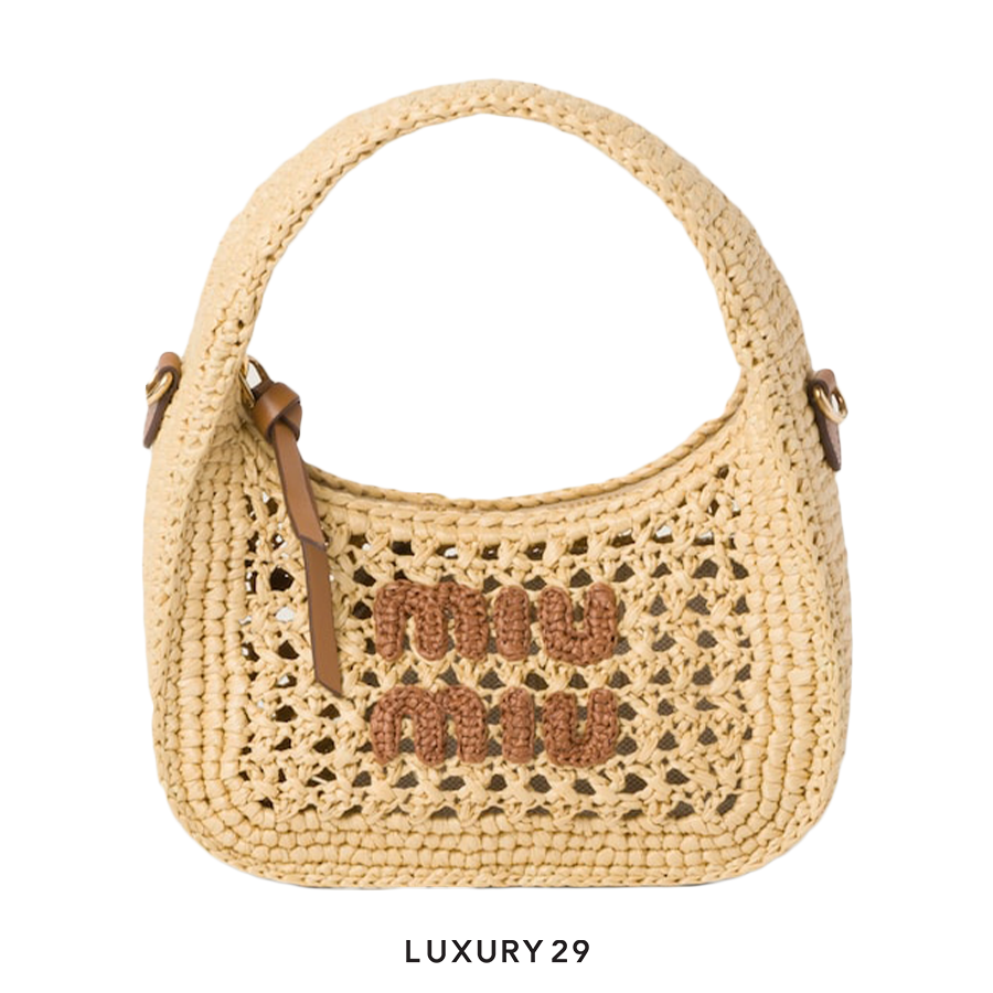 トートバッグ MiuMiu | Woven fabric hobo bag 5BC116_2DO1_F0A5T_V_OOM Beige/cognac Woven Fabric Hobo Bag | Miu Miu