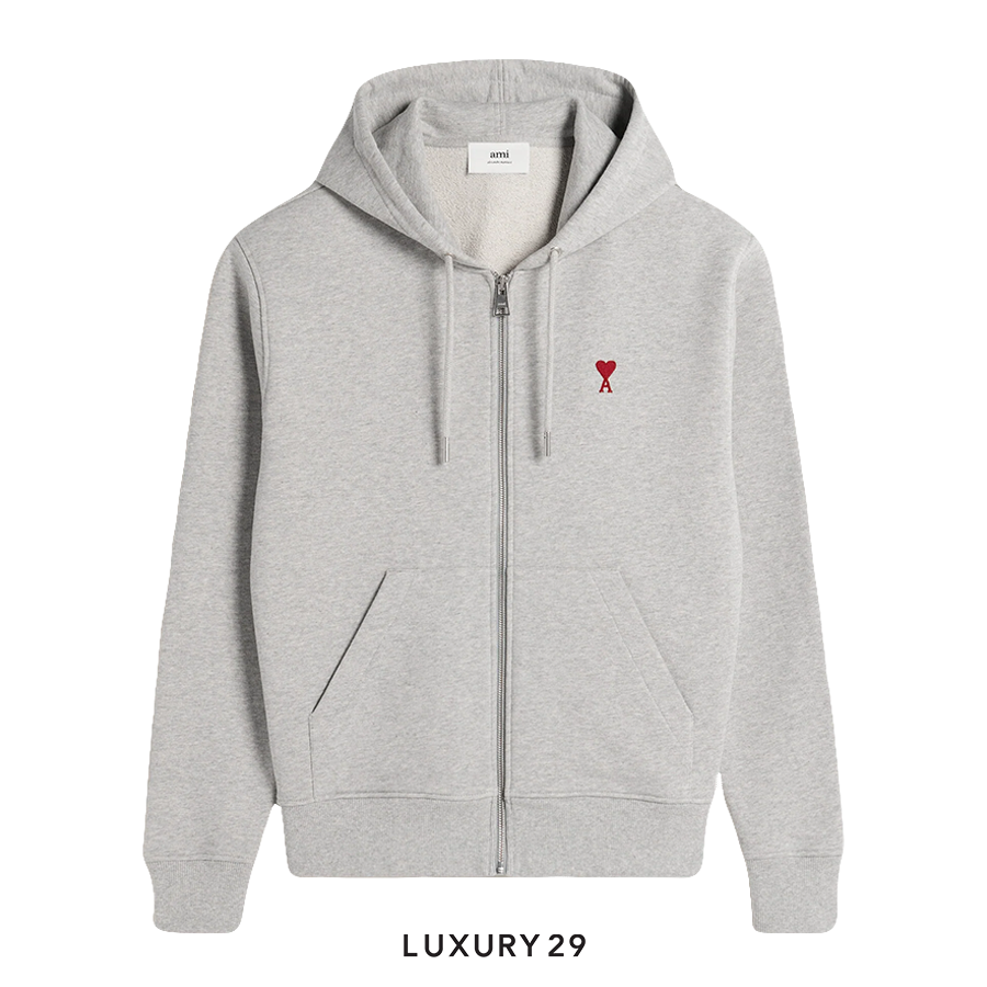 Heather Ash Grey Red Ami De Coeur Zipped Hoodie | AMI PARIS