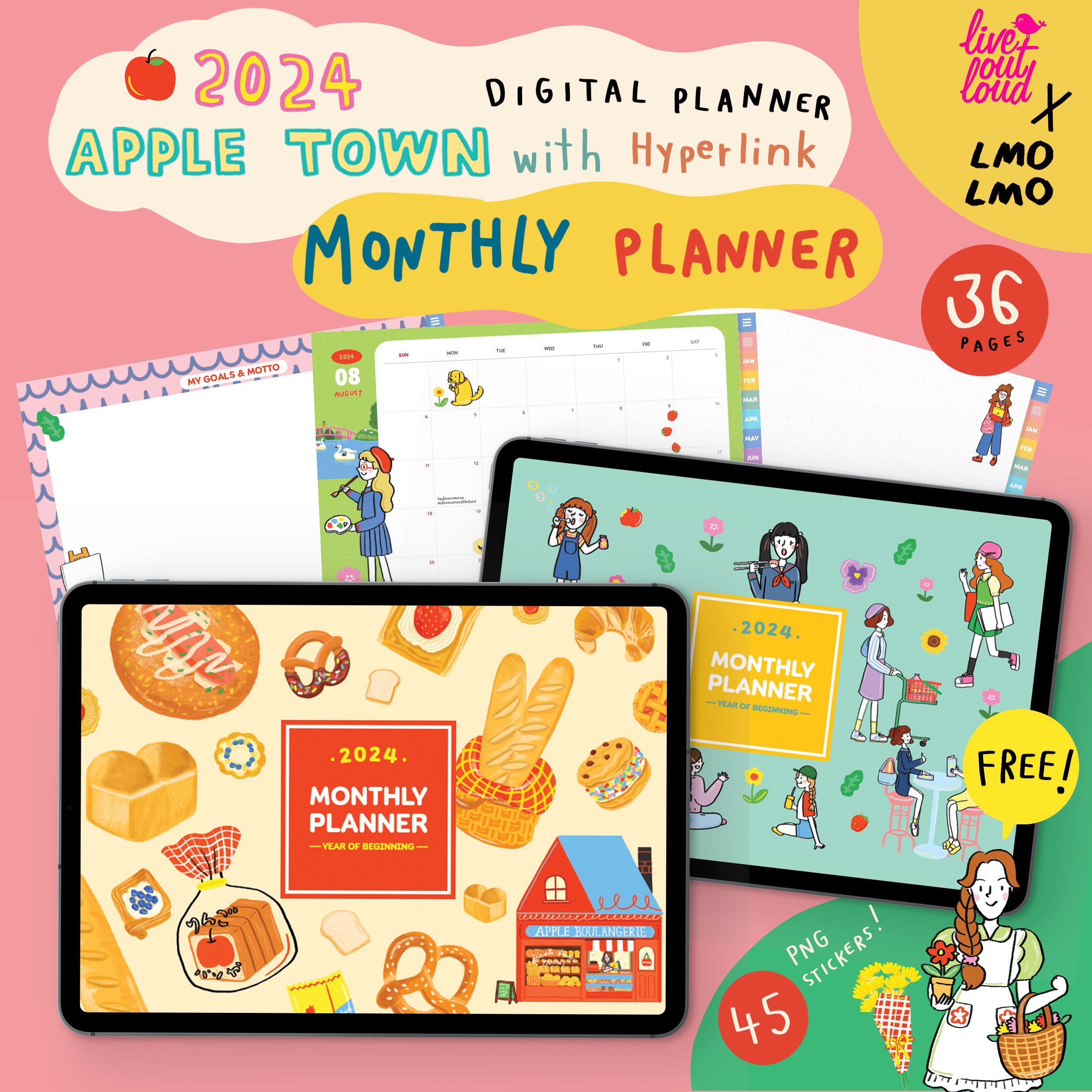 2024 Apple Town Digital Planner (Monthly) + Free Stickers for Goodnotes (Live out loud x LMOLMO)