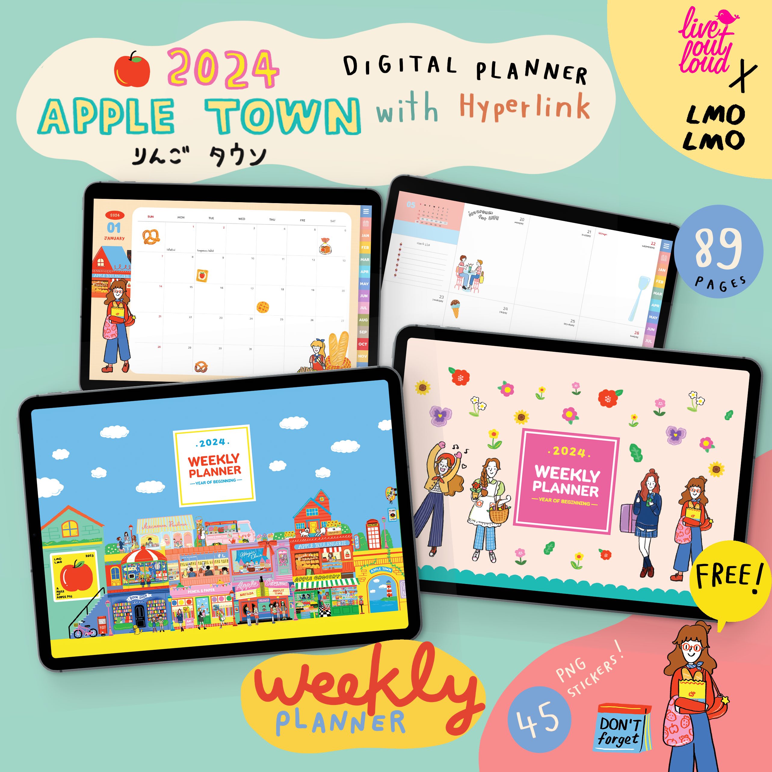 2024 Apple Town Digital Planner (Weekly) + Free Stickers for Goodnotes (Live out loud x LMOLMO)